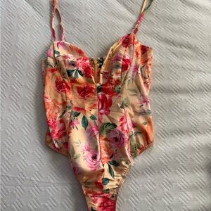 For Love And Lemons Peach Floral Bodysuit